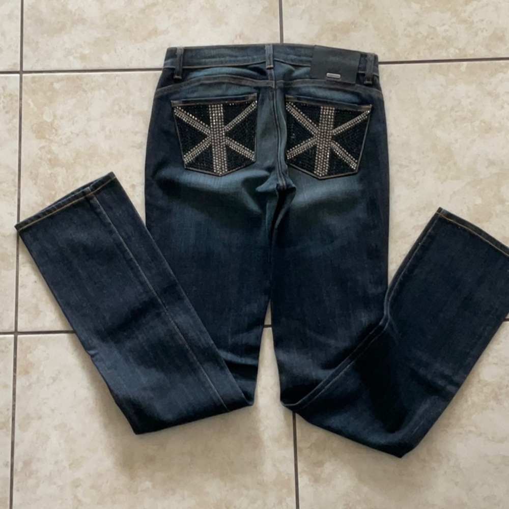 Bejeweled Dark Jeans with Rhinestone Pockets Sz 27